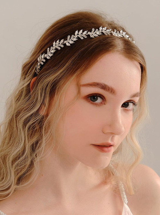 Xerling Silver Crystal Headband Rhinestones Hair Band Leaf Shape Metal Hair Jewelry Hair Accessories for Women Party Bir