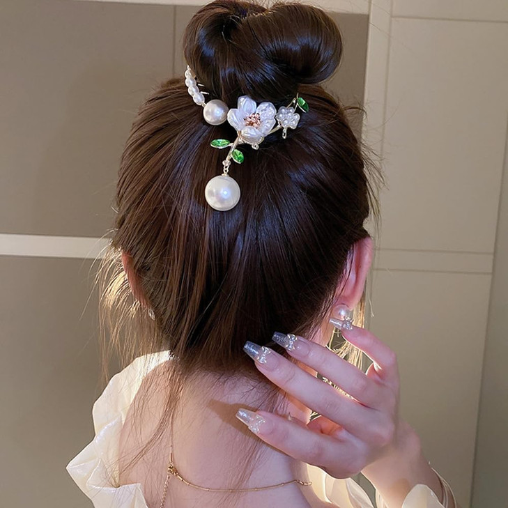 Wiwpar Flower Pearl Tassel Ponytail Hair Claw Clip Bun Holder and Barrettes Accessories for Women Girls Style2