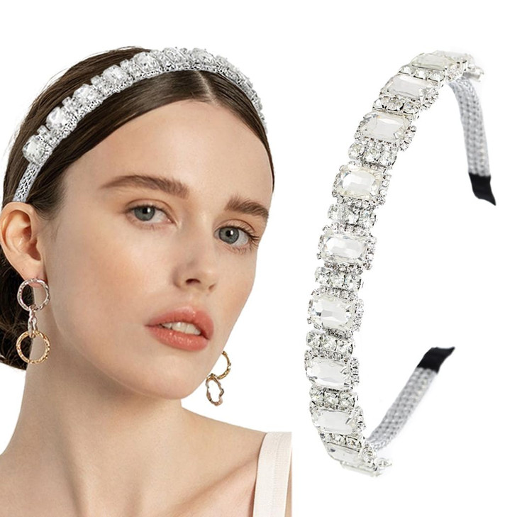 Firuilo Silver Thin Headband Rhinestones Crystal Hair Band Sparkly Diamond Wedding Party Hair Hoop Accessories for Women