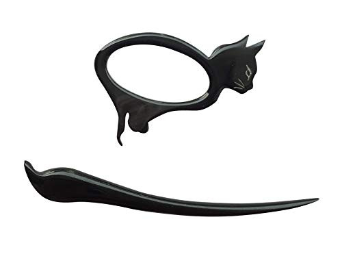 Marycrafts Buffalo Horn Cat Kitten Shawl Pin Hair Pin Accessory Handmade Black