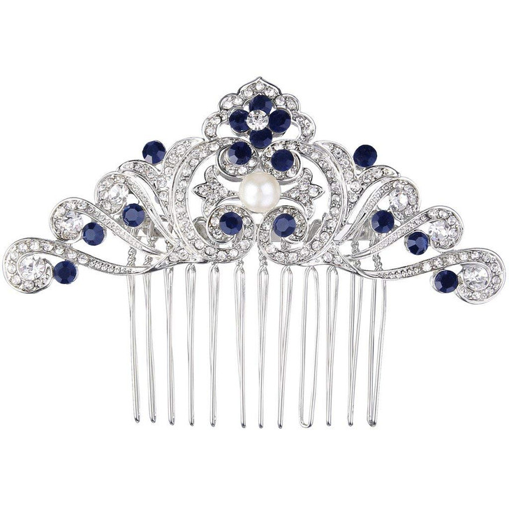 EVER FAITH Wedding Hair Accessories Blue Crystal Cream Simulated Pearl Vintage 1920s Flower Wave Bridal Side Comb for Br