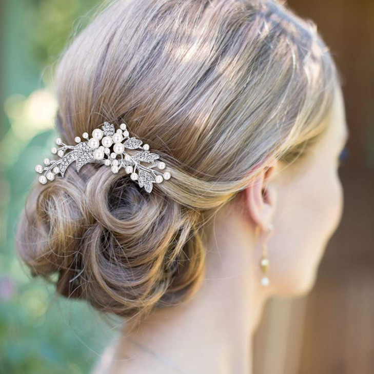 EVER FAITH Wedding Hair Accessories Austrian Crystal Cream Simulated Pearl Floral Leaf Branch Bridal Side Comb Clear Sil