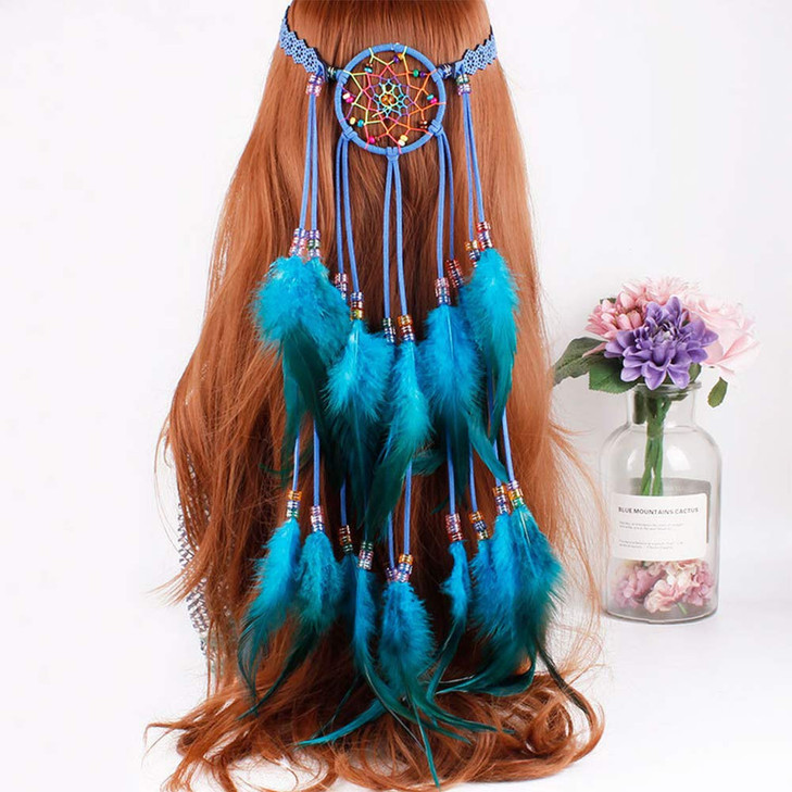 Anglacesmade Bohemian Head Chain White Feather Headband Dreamcatcher Headpiece Prom Party Festival Hair Piece Boho Gypsy