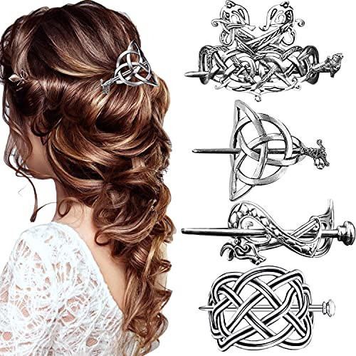 4 Pieces Retro Silver Viking Celtic Hair Clips Vintage Metal Hair Slide Barrettes Hair Clips Hair Sticks Hair Accessorie