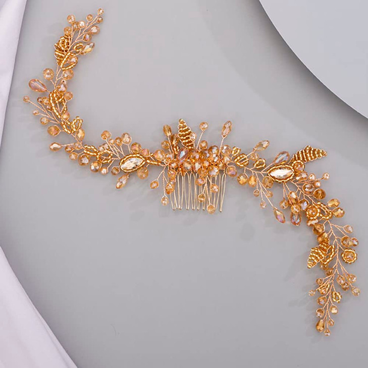 Chargances Crystal Beaded Bridal Pearl Leaf Hair Comb Rhinestone Handmade Headpiece for Wedding Prom Flower Girl Orange