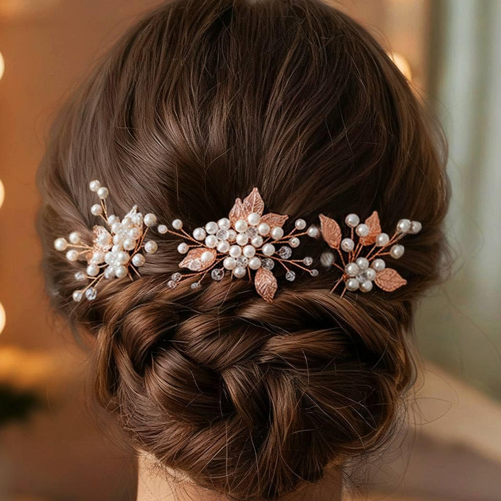 Heread Pearl Bride Wedding Hair Pins Leaf Bridal Head Piece Flower Hair Accessories for Women and Girls Pack of 3 Rose G