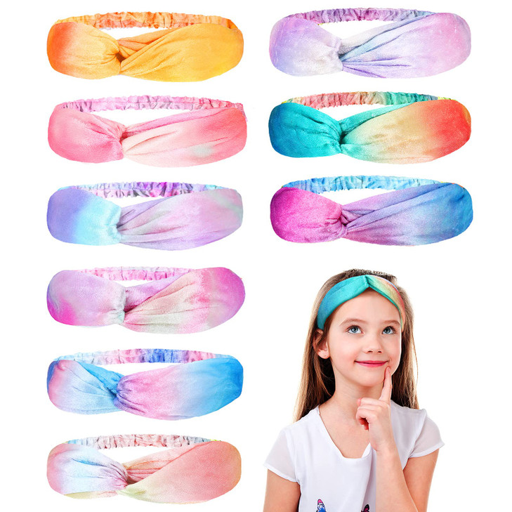 Waydress 9 Pieces Kids Headbands for Girls Velvet Rainbow Spa Headbands Stretch Tie Dye Knotted Hairbands Elastic Washin