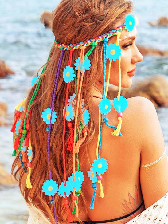 GENBREE Boho Daisy Headband Rainbow Braided Headpiece Summer Beach Tassel Hairband Floral Hippie Hair Accessories for Wo