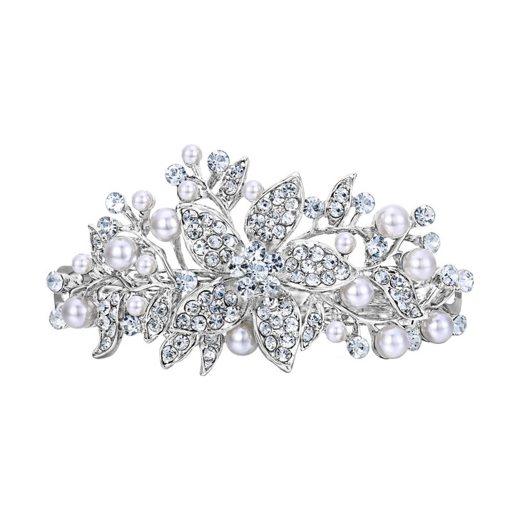 EVER FAITH Austrian Crystal Bridal Hibiscus Cream Simulated Pearl Hair Clip Barrette Clear SilverTone