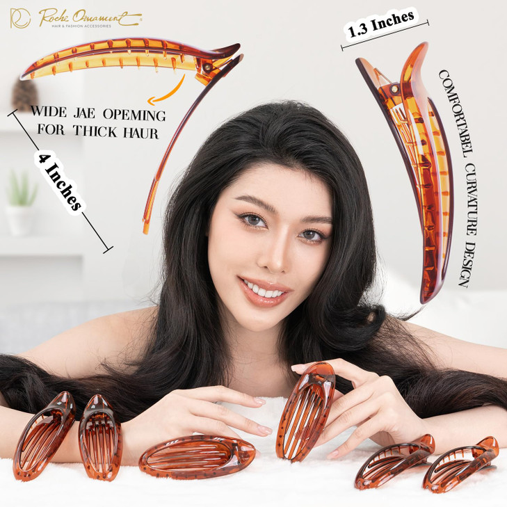 RC ROCHE ORNAMENT 6 Pcs Lay Flat Claw Hair Clips Women Curved Side Opening Slide Comb Strong Hold No Slip Grip Alligator
