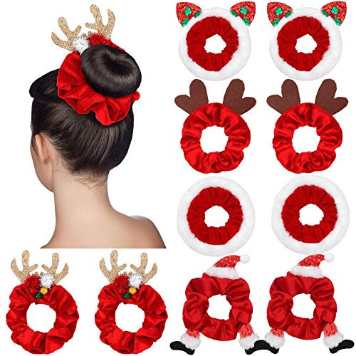 10 Pieces Christmas Hair Scrunchies Elk Santa Claus Elastic Hair Bands Soft Velvet Hair Ties Ropes Christmas Hair Access