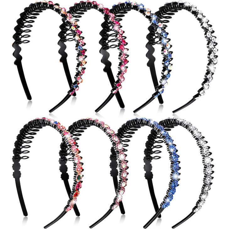 Syhood 8 Pieces Rhinestone Headbands with Teeth Comb for Women Flower Crystal Wave Headband Plastic Tooth Comb Headband