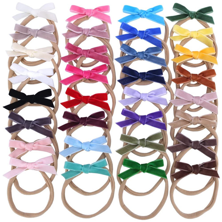 Sugarmelon Velvet Bow Soft Stretchy Headbands for Newborn Infant Toddlers Hair Bow Elastic Bands Baby Girls Nylon Hairba