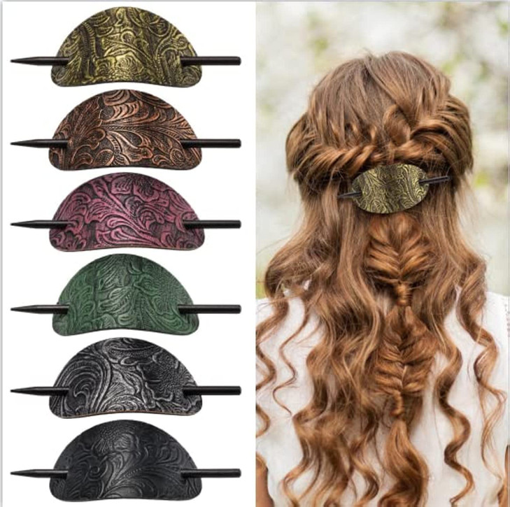 Noverlife 6PCS Leather Hair Barrettes with Stick Square Shape Hair Accessories Set Ponytail Holders Clips with Wood Slid