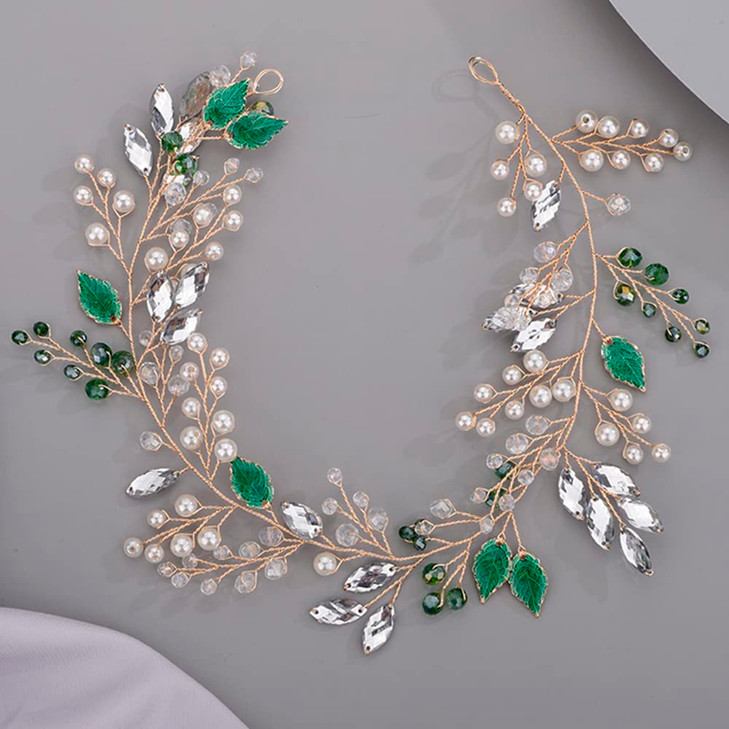 BERYUAN Green leaf Crystal Pearls Rhinestone Bridal Headband for Bride Bridesmaid Pearl Rhinestone Hair Vine for Wedding