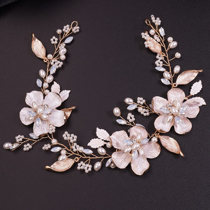 Teyglen Womens Gold Flower Pearls Leaves Headband Hair Vine Wedding Hair Pieces Vintage Hair Accessories Jewelry for Wom