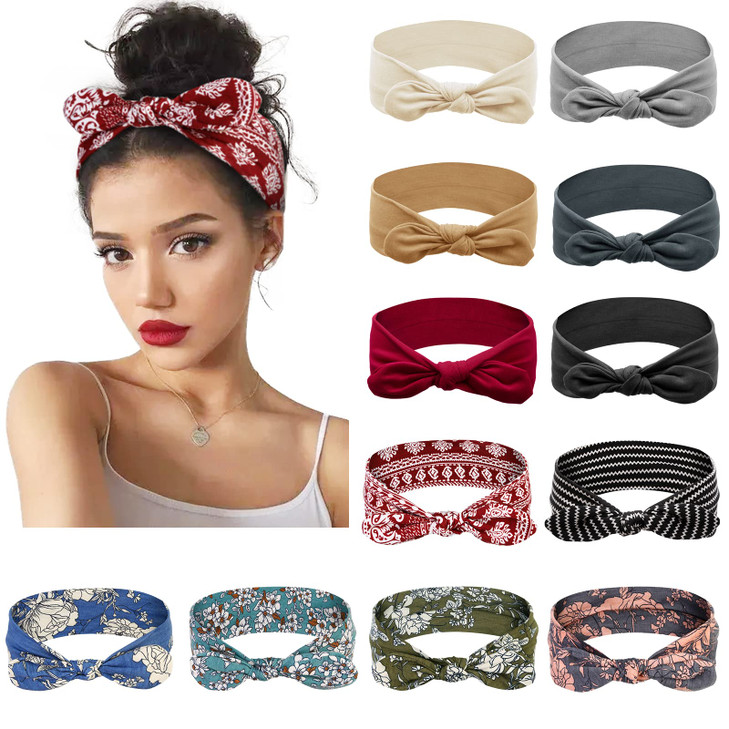 Huachi 12 Pack Bow Headbands for Women Elastic Hair Band Headwraps Knotted Headband Rabbit Ears Turban Fashion Sport Cut