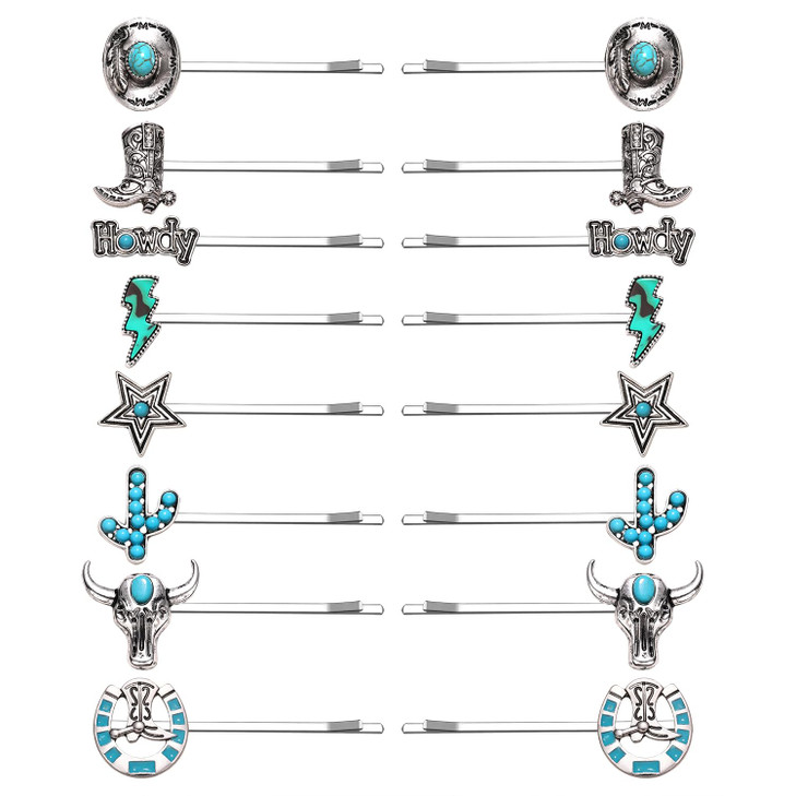 16Pcs Western Turquoise Hair Pins Southwestern Country Cowgirl Bobby Pins Cowboy Hat Boot Cactus Star Lightning Hair Cli
