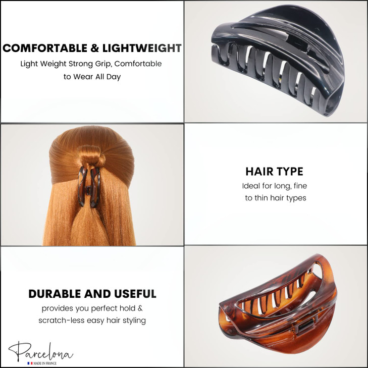 Parcelona French Crescent Cutout Shell Brown and Glossy Black Small 2 34 Celluloid Acetate Made in France Jaw Hair Claw