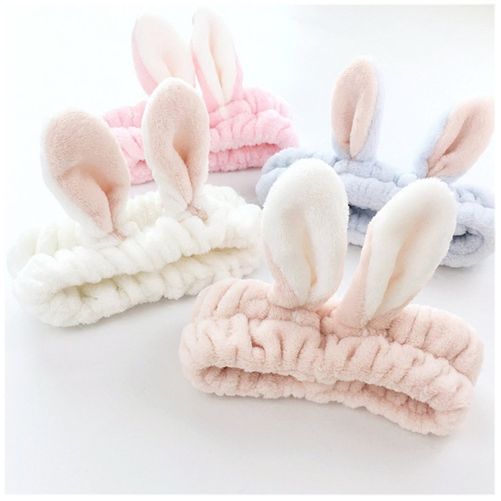 LOVEF 5Pcs Bunny Ear Cosmetic Headband Fashion Cute Fluffy Elastic Makeup Headband Hairband for Shower Face Washing Faci