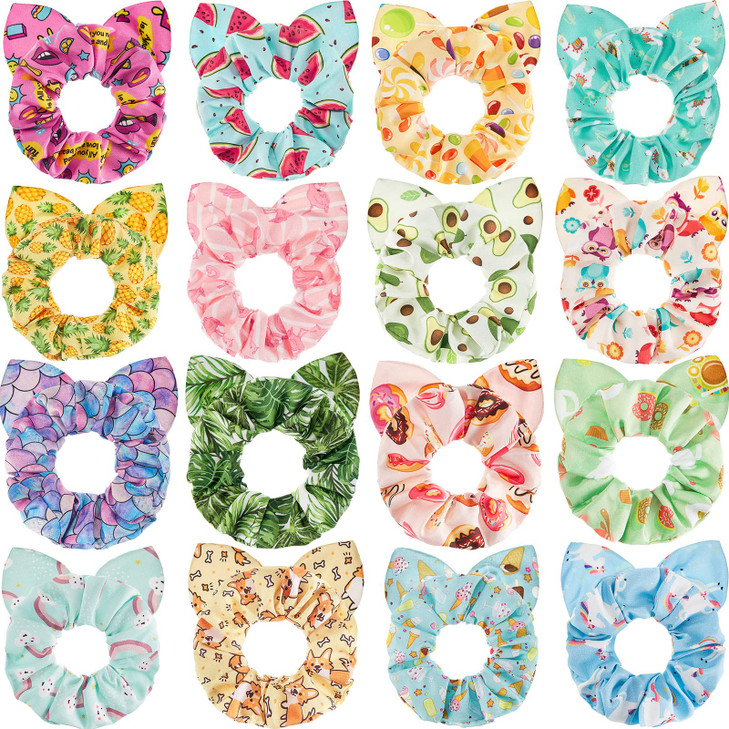 16 Pieces Cute Hair Scrunchies Kawaii Colorful Cute Unicorn Rainbow Mermaid Dog Printing Scrunchy Ponytail Holder Hair T