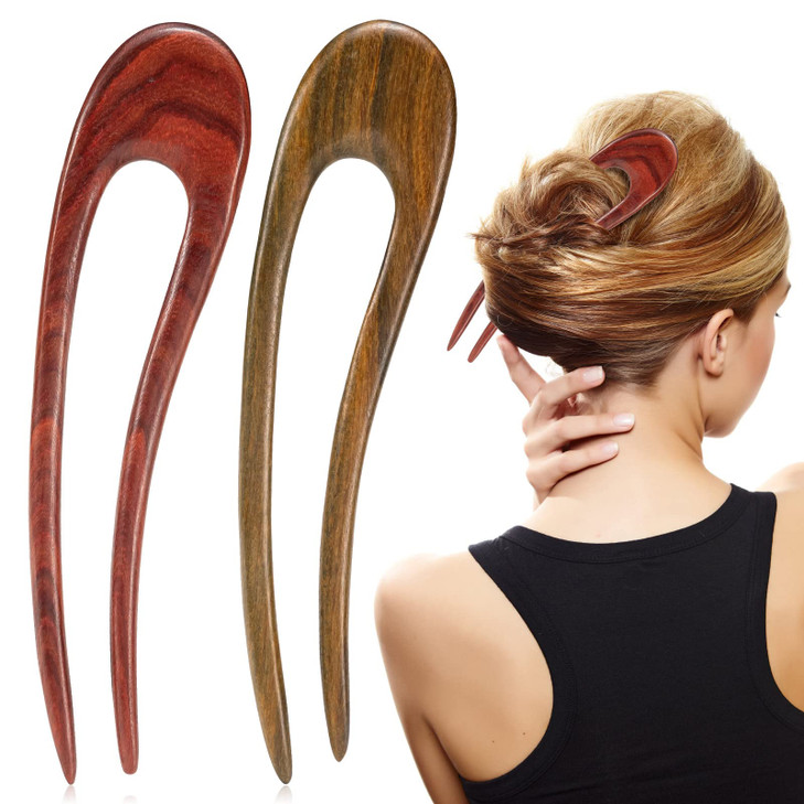 2PCS Wooden Hair Sticks French Twist Hair Pin Handmade Ebony Sandalwood Hair Forks Hair Sticks for Buns Vintage Chinese