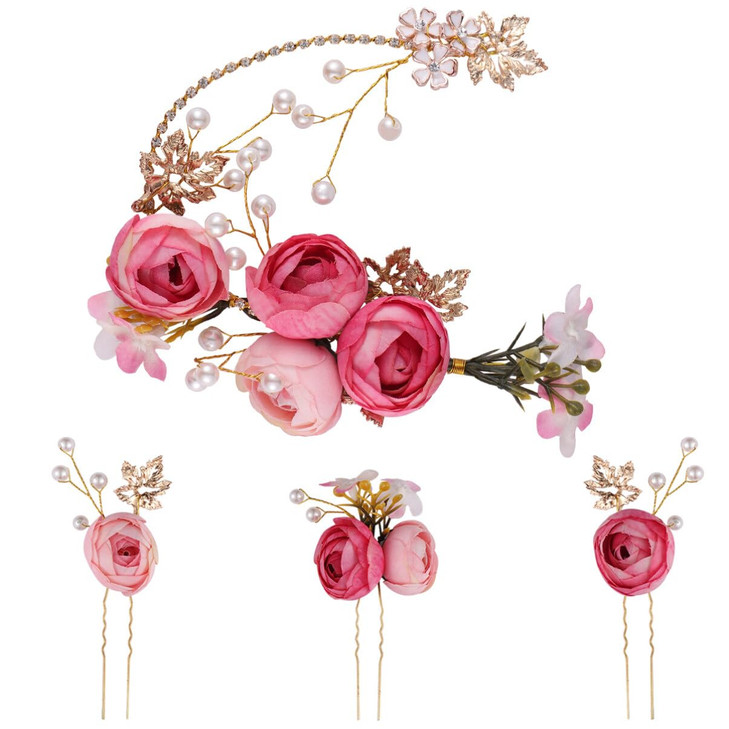 Lurrose 4pcs Clip Decorations for Pins Hairpin Rhinestone Floral Headwear Pink Crystal Shaped Fabric Hair Gold Clips Acc
