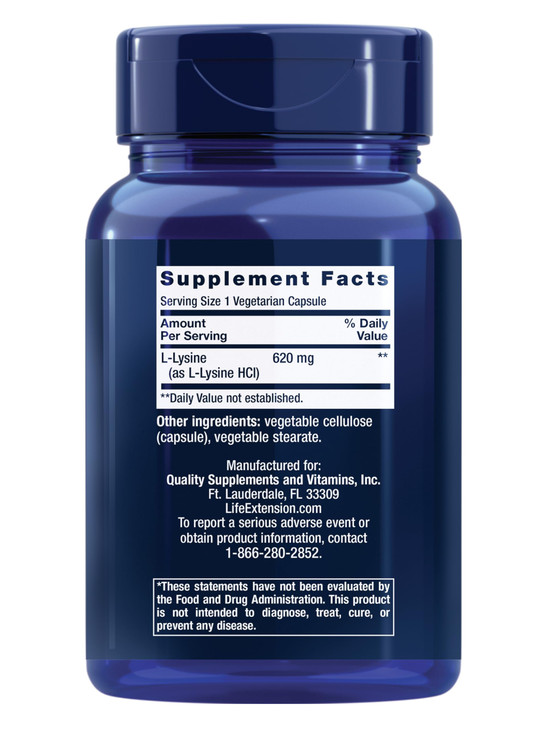 Life Extension L-Lysine, 620 mg, Essential Amino Acid for Healthy nitrogen Balance, Calcium Metabolism, Stress Response & More, Gluten-Free, Non-GMO,