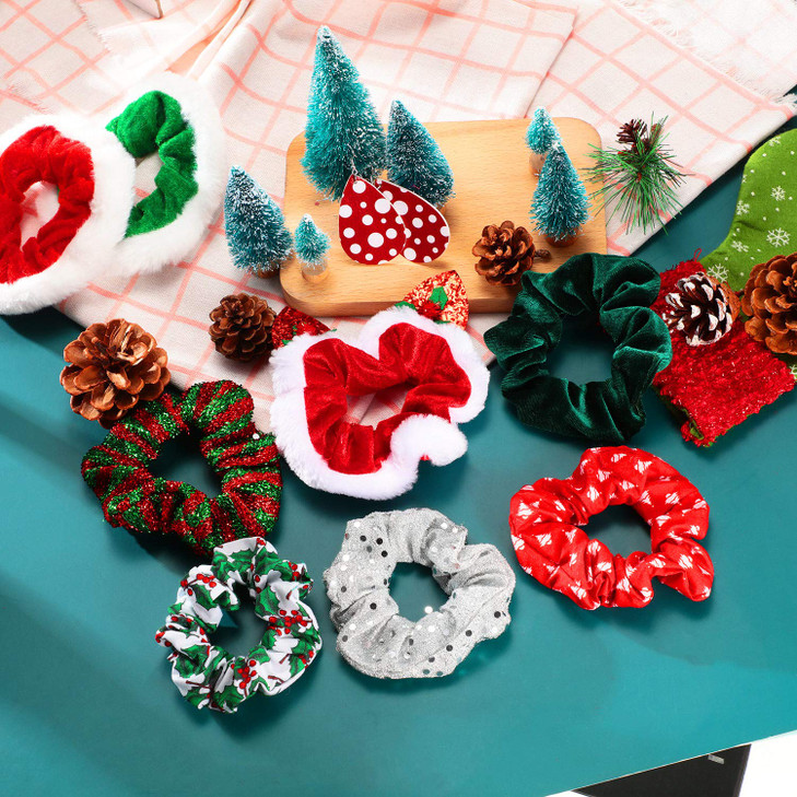 24 Pieces Christmas Hair Scrunchies Velvet Hair Tie Holiday Santa Claus Elastic Bobbles Scrunchy Hair Bands Ponytail Hol