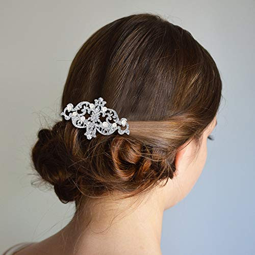 EVER FAITH Bridal SilverTone Simulated Pearl Flower Austrian Crystal Hair Comb Headpiece