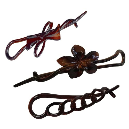 Parcelona French Twist n Clip Flower Bow and Chain 4 Celluloid Metal Free Hair Barrette Clips Women Hair Accessories Mad