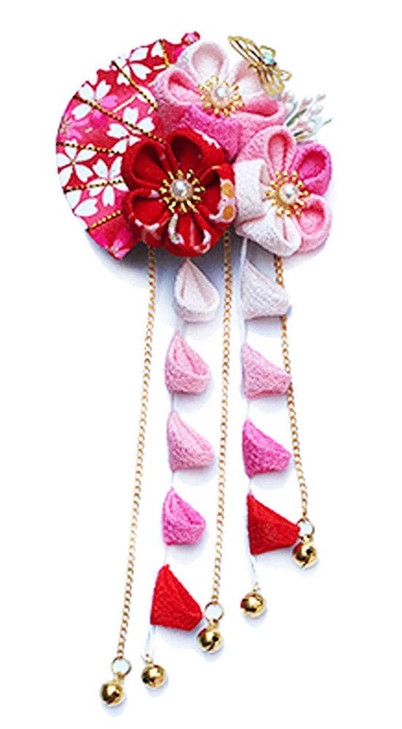CRB Fashion Womens Girls Japanese Kimono Flower Kanzashi Hair Ornament Tie Band Clip Pink