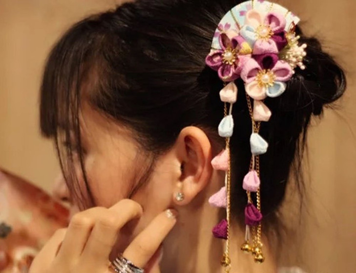 CRB Fashion Womens Girls Japanese Kimono Flower Kanzashi Hair Ornament Tie Band Clip Pink