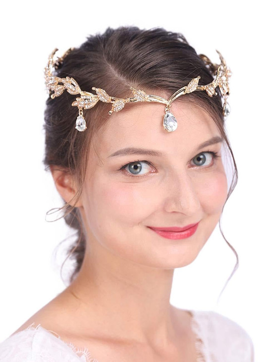 Anglacesmade Bridal Crystal Tiara Crown Rhinestone Headband with Teardrop DiamondStudded Leaf Hair Vine for Wedding Prom