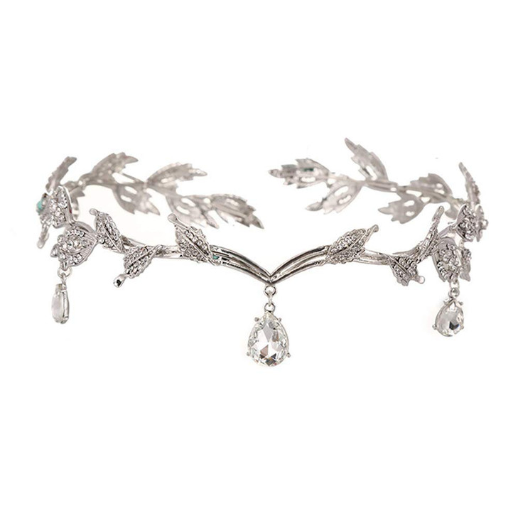 Anglacesmade Bridal Crystal Tiara Crown Rhinestone Headband with Teardrop DiamondStudded Leaf Hair Vine for Wedding Prom
