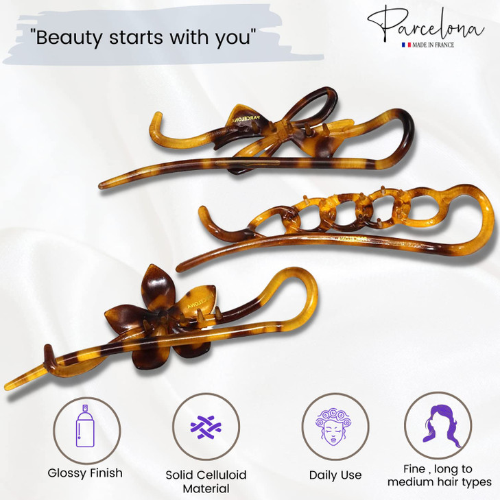 Parcelona French Twist n Clip Flower Bow and Chain Savana Celluloid Acetate Set of 3 Metal Free Hair Clip Barrettes