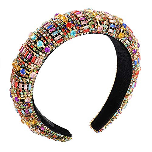 Rhinestone Headbands for Women Bling Jewelled Rainbow Crystal Beaded Padded Headband Baroque Bedazzled Hairband Fashion