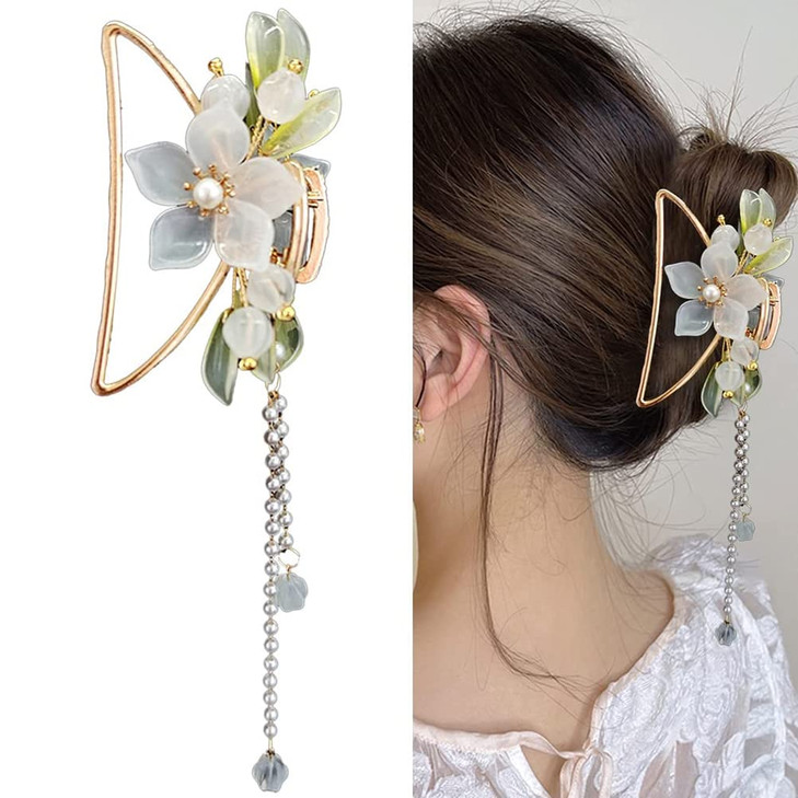 Flower Hair Accessories Metal Hair Claw Clip Big Nonslip Gold Hair Clamps Tassel Hair Catch Clip for Womens Hair Styling