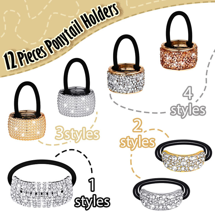 12 Pcs Glitter Elastic Ponytail Holders Crystal Hair Accessories for Women Girls Ladies Mixed Colors