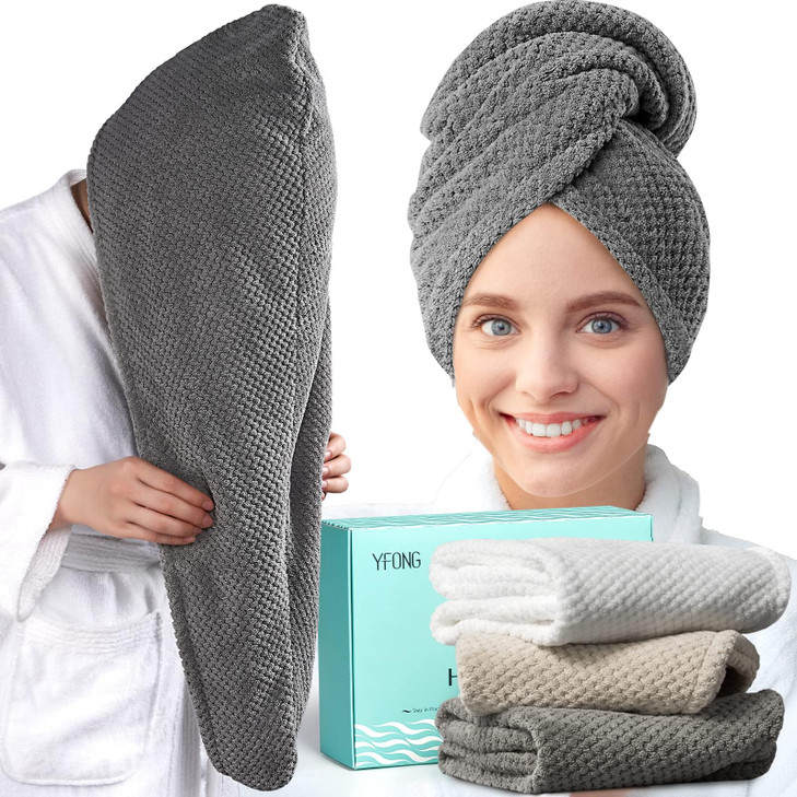 YFONG 3 Pack Large Microfiber Hair Towel Wrap 30 x 10 Anti Frizz Quick Dry Hair Towels for Women Long Curly Thick Hair S