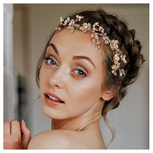 SWEETV Rose Gold Wedding Headband for Bride Floral Bridal Headband Rhinestone Headpiece Wedding Hair Accessories