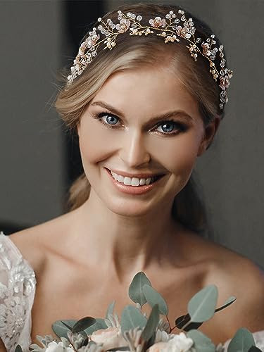 SWEETV Rose Gold Wedding Headband for Bride Floral Bridal Headband Rhinestone Headpiece Wedding Hair Accessories