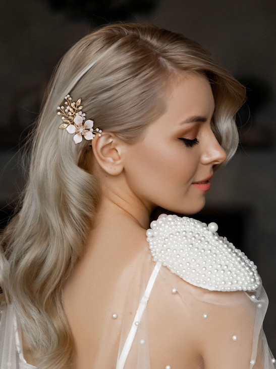 SWEETV Gold Bridal Hair ClipFloral Bridal Hair Comb Barrette Flower Hair pieces for Brides Wedding