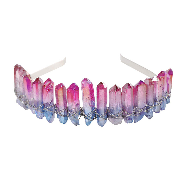AWAYTR Raw Crystal Quartz Crown Rhinestone Tiara Mermaid Headband for Woman Weeding and Parties Rose redBlue