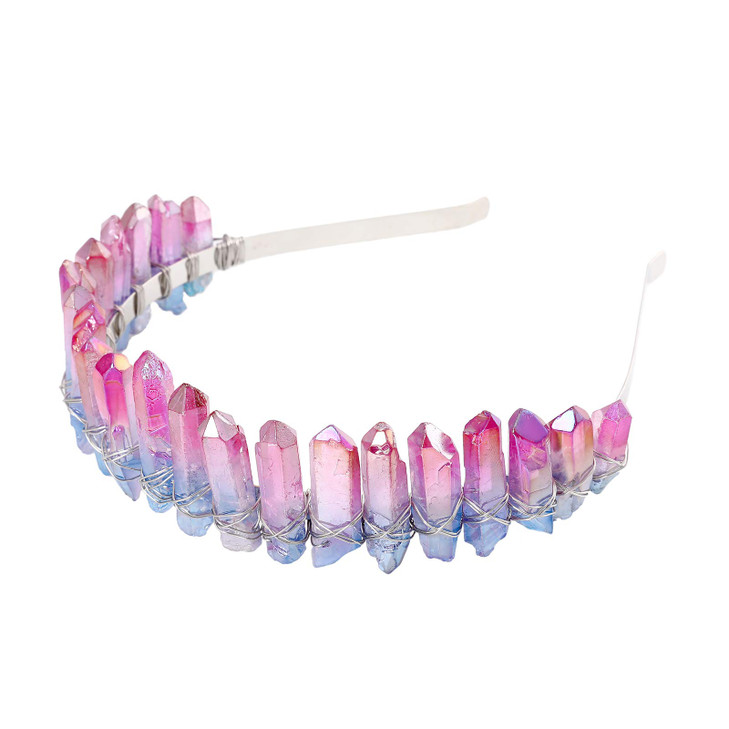 AWAYTR Raw Crystal Quartz Crown Rhinestone Tiara Mermaid Headband for Woman Weeding and Parties Rose redBlue