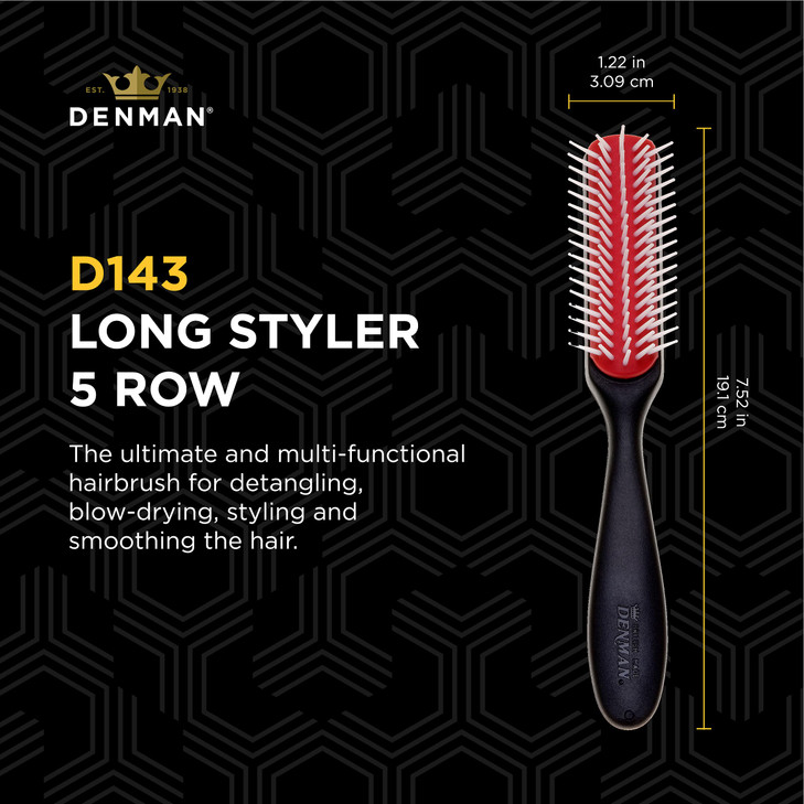 Denman Curly Hair Brush D143 5 Row Styling Mini Brush With Long Handle for Detangling Separating Shaping and Defining Cu