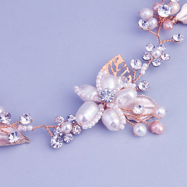 Oriamour Bridal Crystal Headband with Freshwater Pearls Flower Design Wedding Hair Accessories Rose Gold