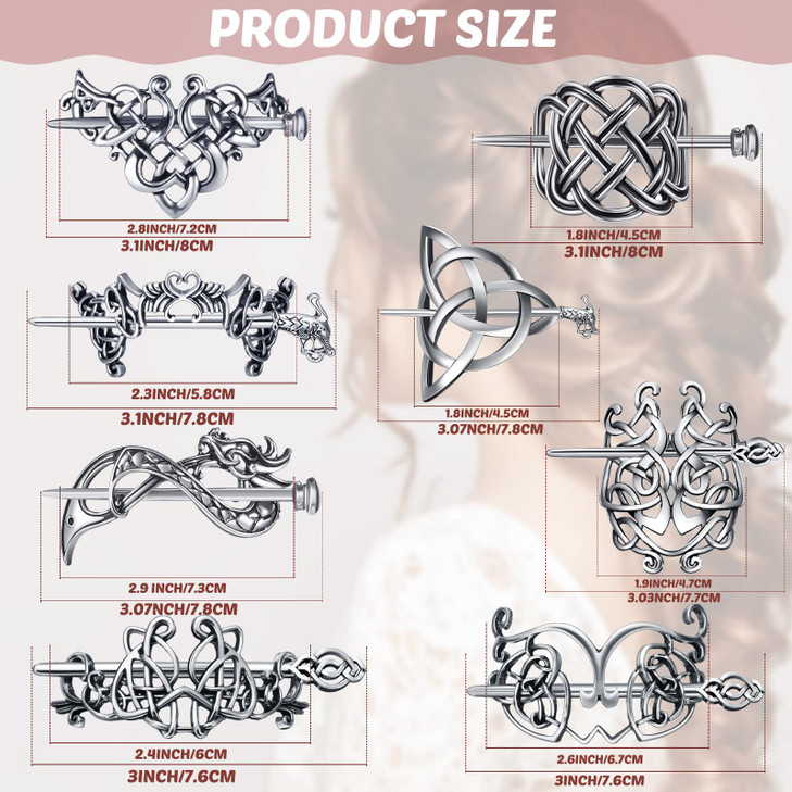 Syhood 8 Pcs Viking Celtic Hair Clips Vintage Knot Hair Stick Retro Silver Metal Celtic Barrette Hairpins Viking Jewelry
