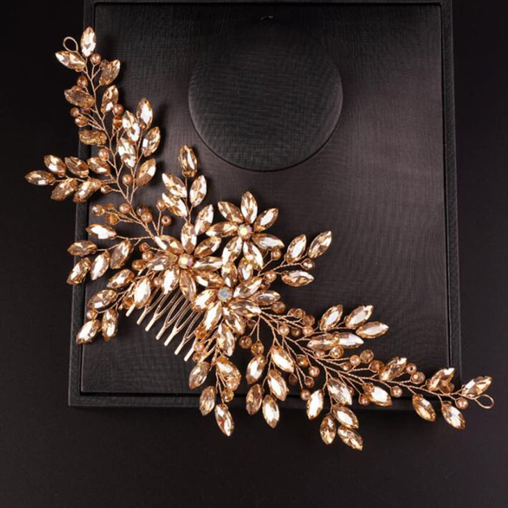 Teyglen Women Dainty Large Champagne Rhinestones Flower Crystal Pearls Bridal Wedding Hair Comb Headband Luxurious Shiny