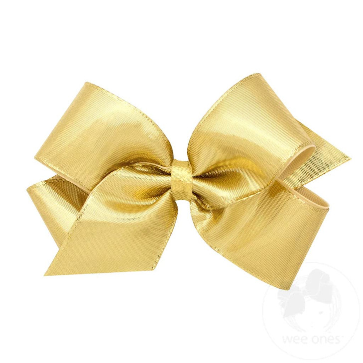 Wee Ones Girls Metallic Overlay Hair Bow on a WeeStay No Slip Clip King Gold